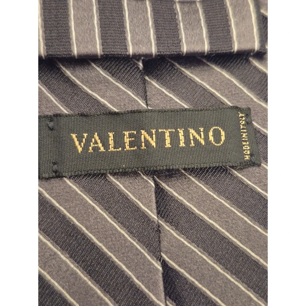 Valentino Mens‎ Silk Necktie Black Grey Diagonal Striped Made in Italy Tie